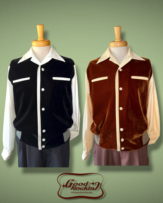 Long Sleeve Shirt "Vintage style Front Panel "/長袖別珍パネルオープンカラー腰リブシャツ