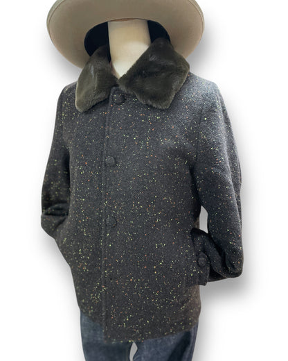 Women's Nep Fur Collar Coat ”Brown"/ レディースネップMixファー衿ショートコート"ブラウン”