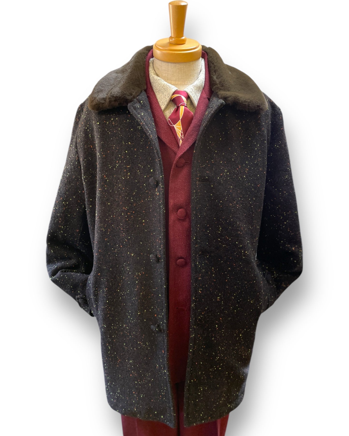 Vintage Style Nep Fur Collar Coat ”Brown"/ ヴィンテージスタイルネップMixファー衿ハーフコート"ブラウン”