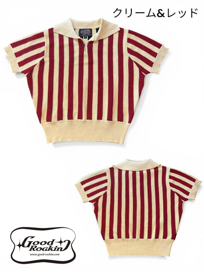 Vintage style summer sweater「Stripe 」/衿付半袖ニットシャツ「ヴィンテージストライプ」woman