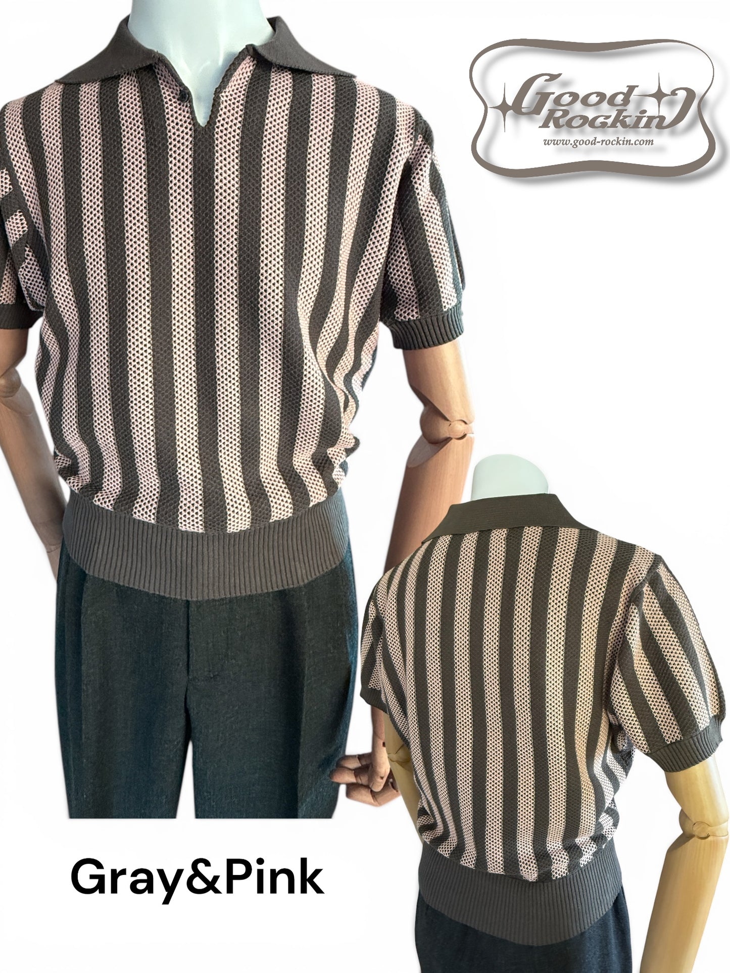 Vintage style summer sweater「Stripe 」/衿付半袖ニットシャツ「ヴィンテージストライプ」