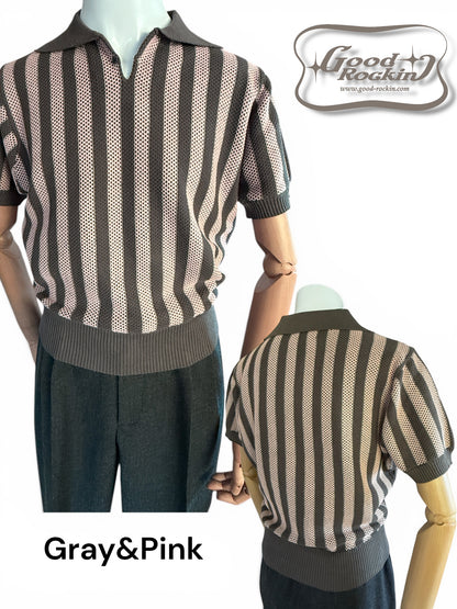 Vintage style summer sweater「Stripe 」/衿付半袖ニットシャツ「ヴィンテージストライプ」