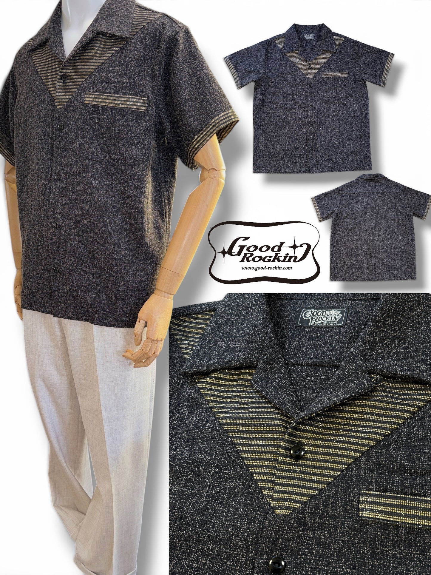 Short Sleeve Panel Shirt "Glitter"/半袖Ｖ切替シャツ"ブラック＆ゴールドラメ"