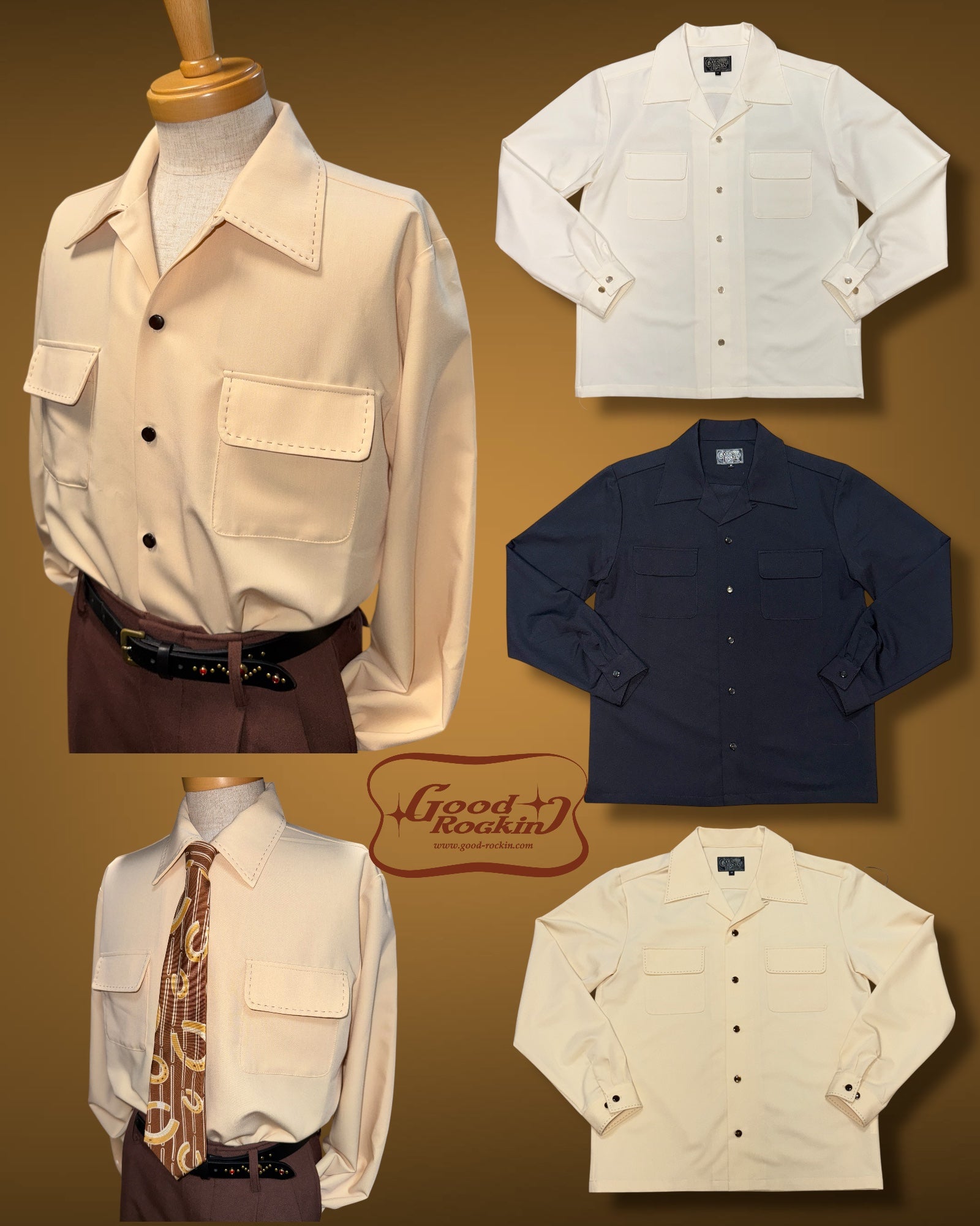 GOOD ROCKIN’◆長袖シャツ/M/ポリエステル/BRW/レオパード GOOD ROCKINグッドロッキン グリッターV切替イタリアン