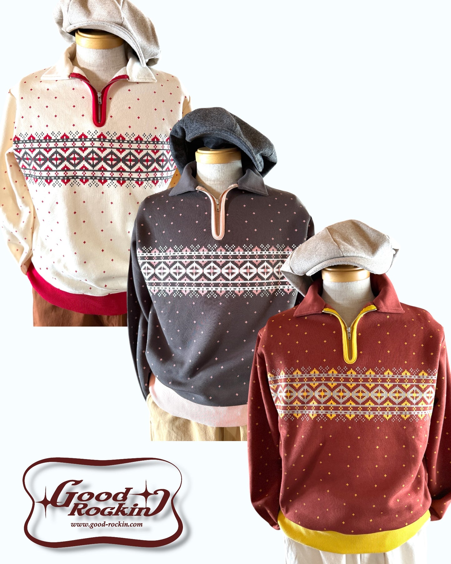 Vintage style halfzip shirts "Daiamonds"/ヴィンテージスタイルハーフジップスウェットシャツ"ダイアモンド"