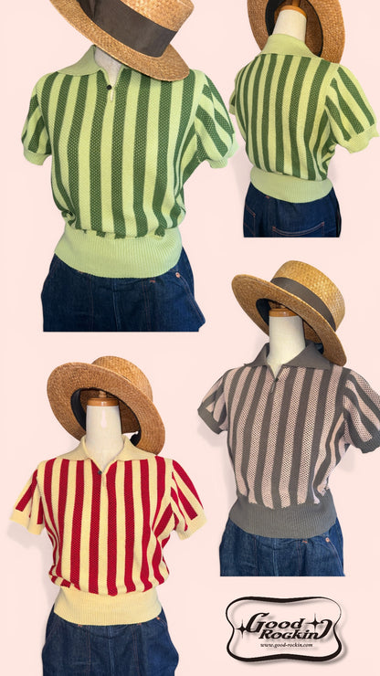 Vintage style summer sweater「Stripe 」/衿付半袖ニットシャツ「ヴィンテージストライプ」woman