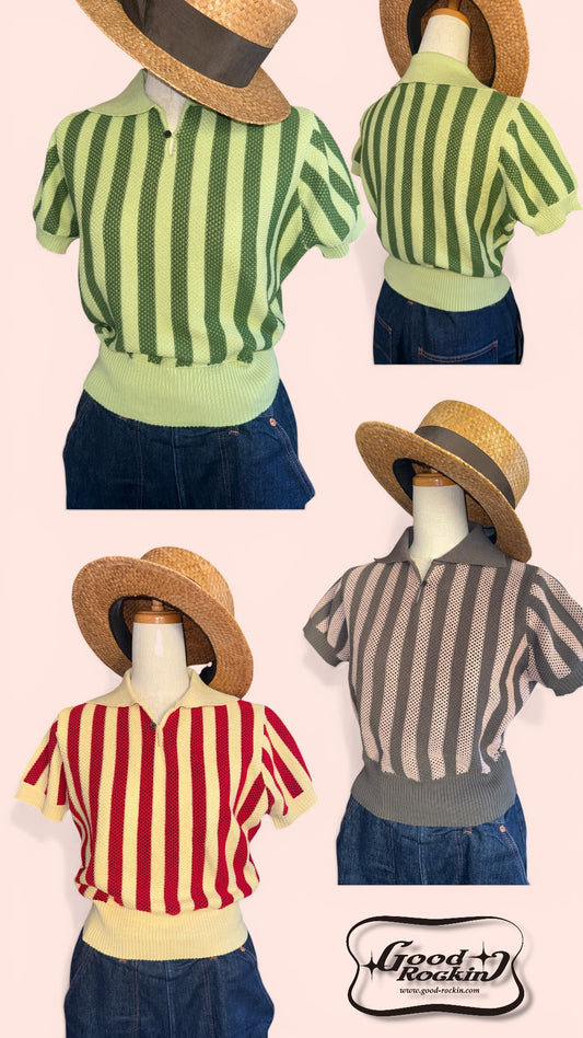 Vintage style summer sweater「Stripe 」/衿付半袖ニットシャツ「ヴィンテージストライプ」woman