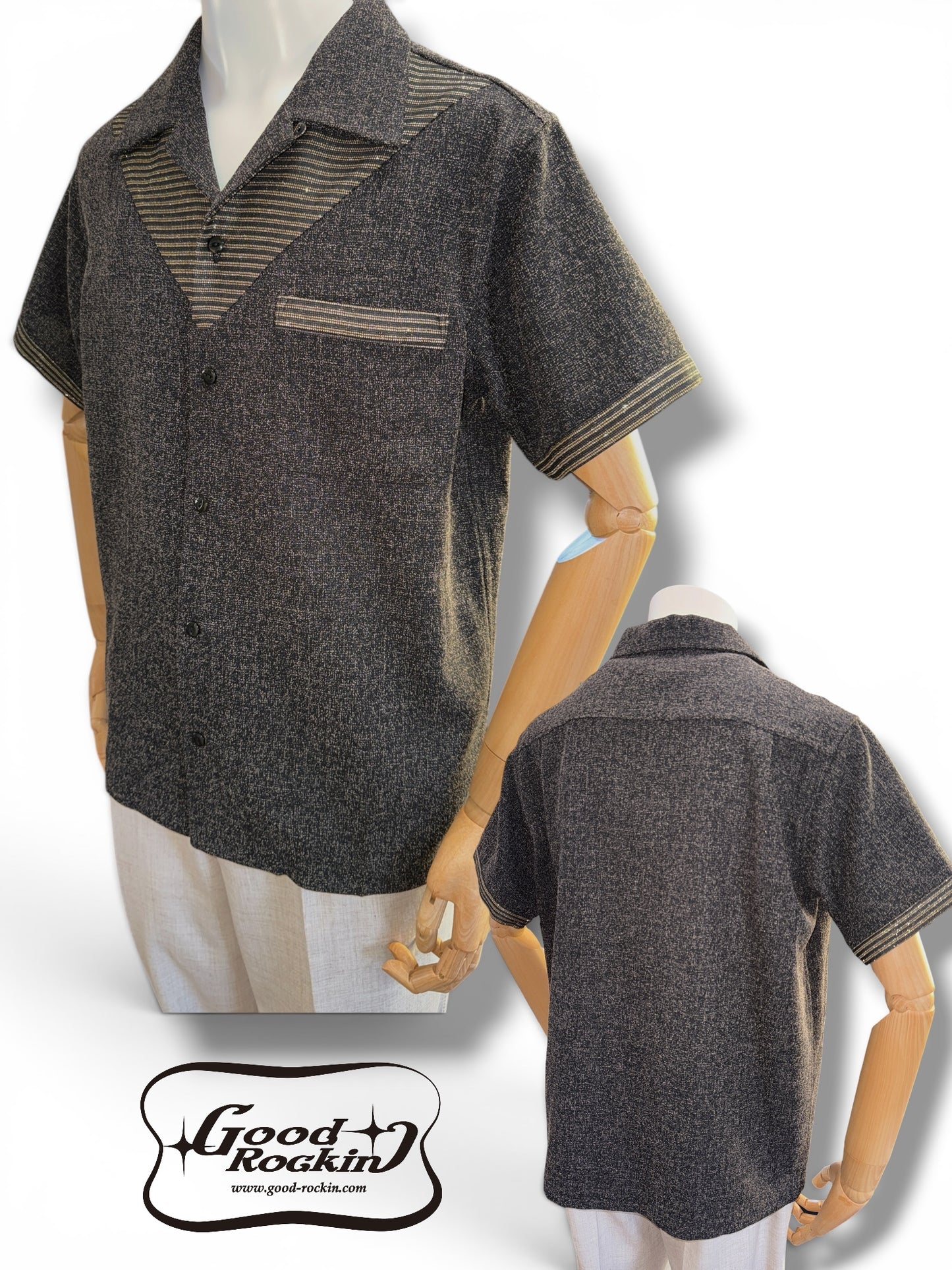 Short Sleeve Panel Shirt "Glitter"/半袖Ｖ切替シャツ"ブラック＆ゴールドラメ"
