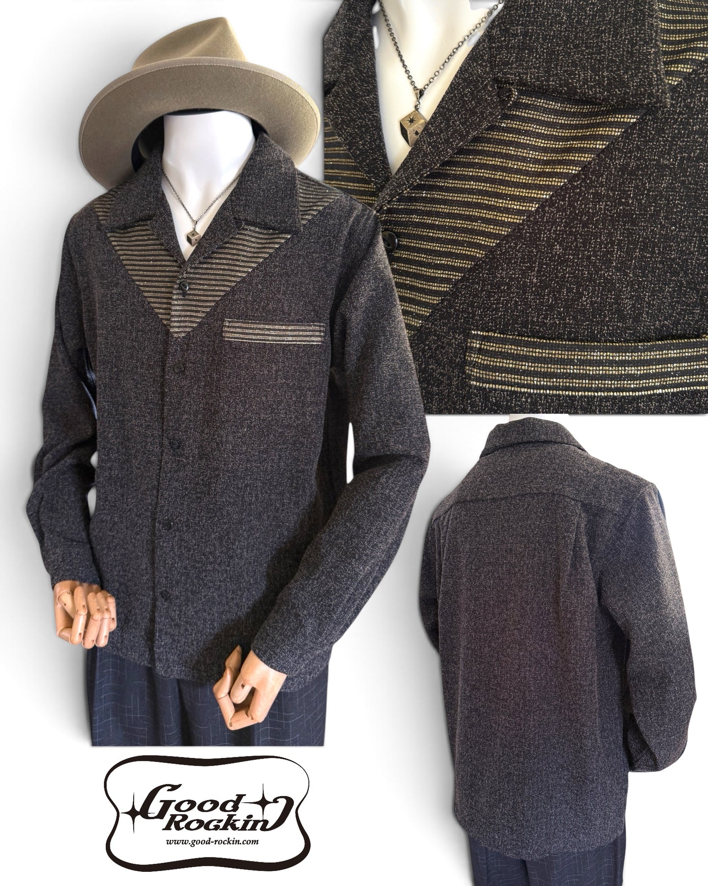 ＊ご予約受付中 Long Sleeve Panel Shirt "Glitter"/長袖Ｖ切替シャツ"ブラック＆ゴールドラメ"