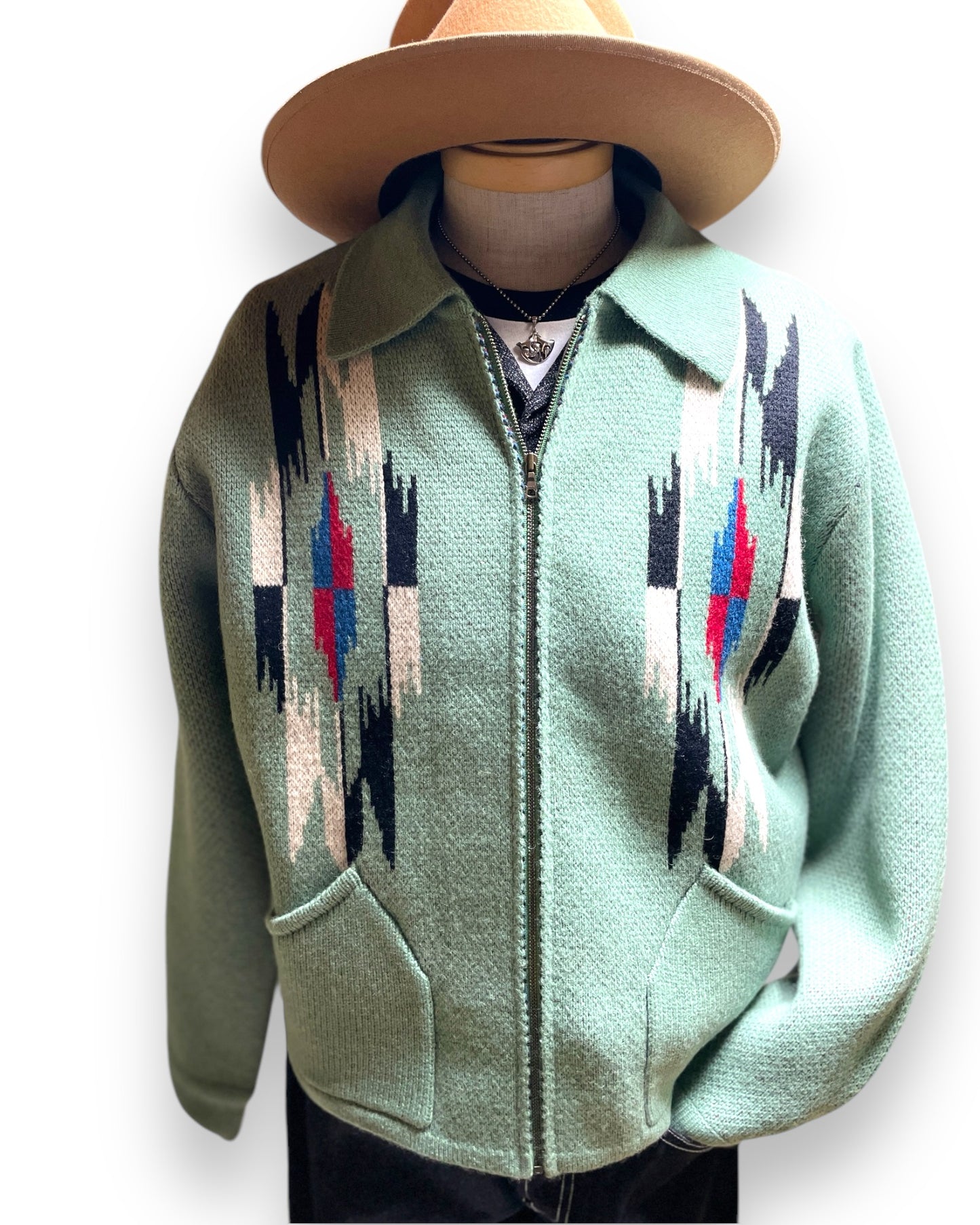 Full zip vintage style sweater「South Western/chimayo」/フルジップヴィンテージスタイルニット「サウスウエスタン/チマヨ」ミント