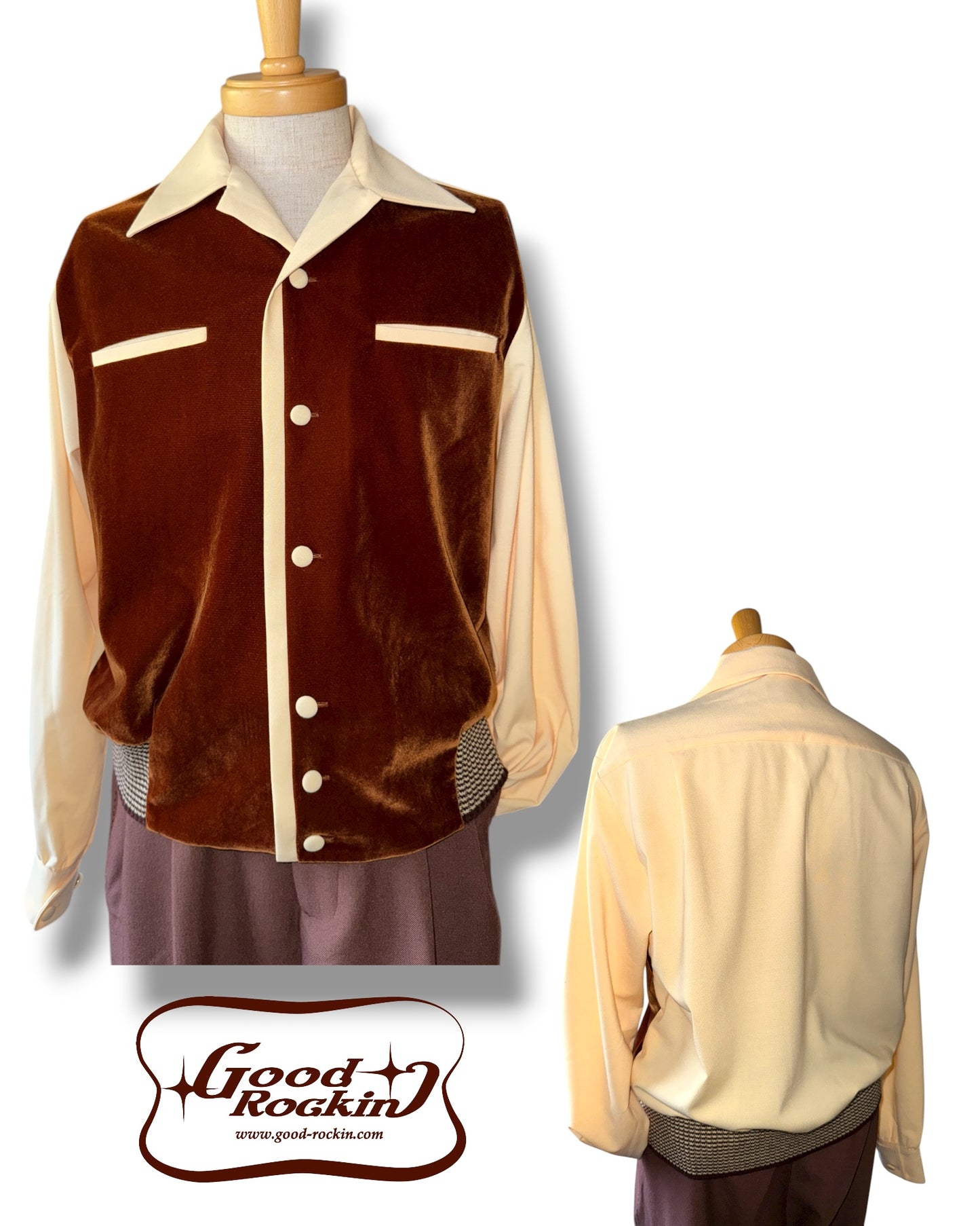 Long Sleeve Shirt "Vintage style Front Panel "/長袖別珍パネルオープンカラー腰リブシャツ