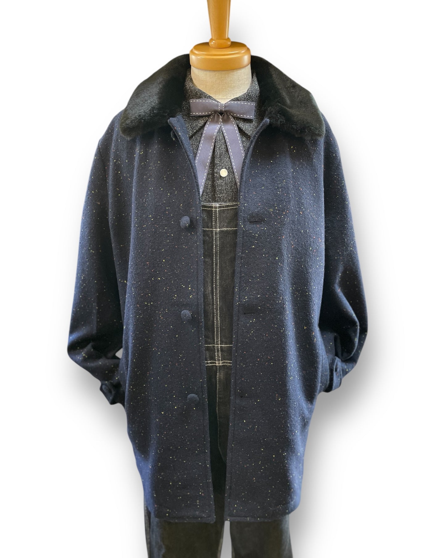 Vintage Style Nep Fur Collar Coat ”Dark Navy"/ ヴィンテージスタイルネップMixファー衿ハーフコート"ダークネイビー”