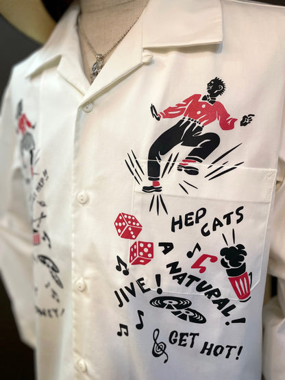 Long Sleeve open collar Shirts "Hep Cats"White/長袖オープンカラーシャツ"ヘップキャッツ"ホワイト