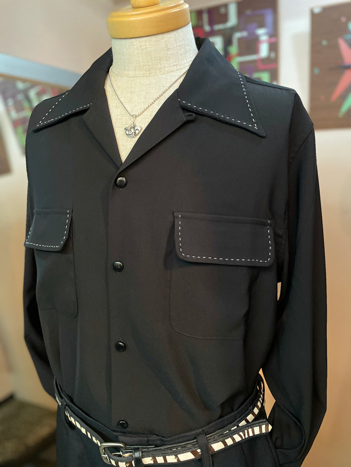 Long Sleeve 50's Style  Hand Stitch Shirts ”Black"/長袖ハンドステッチオープンカラーシャツ"ブラック＆ホワイトステッチ"