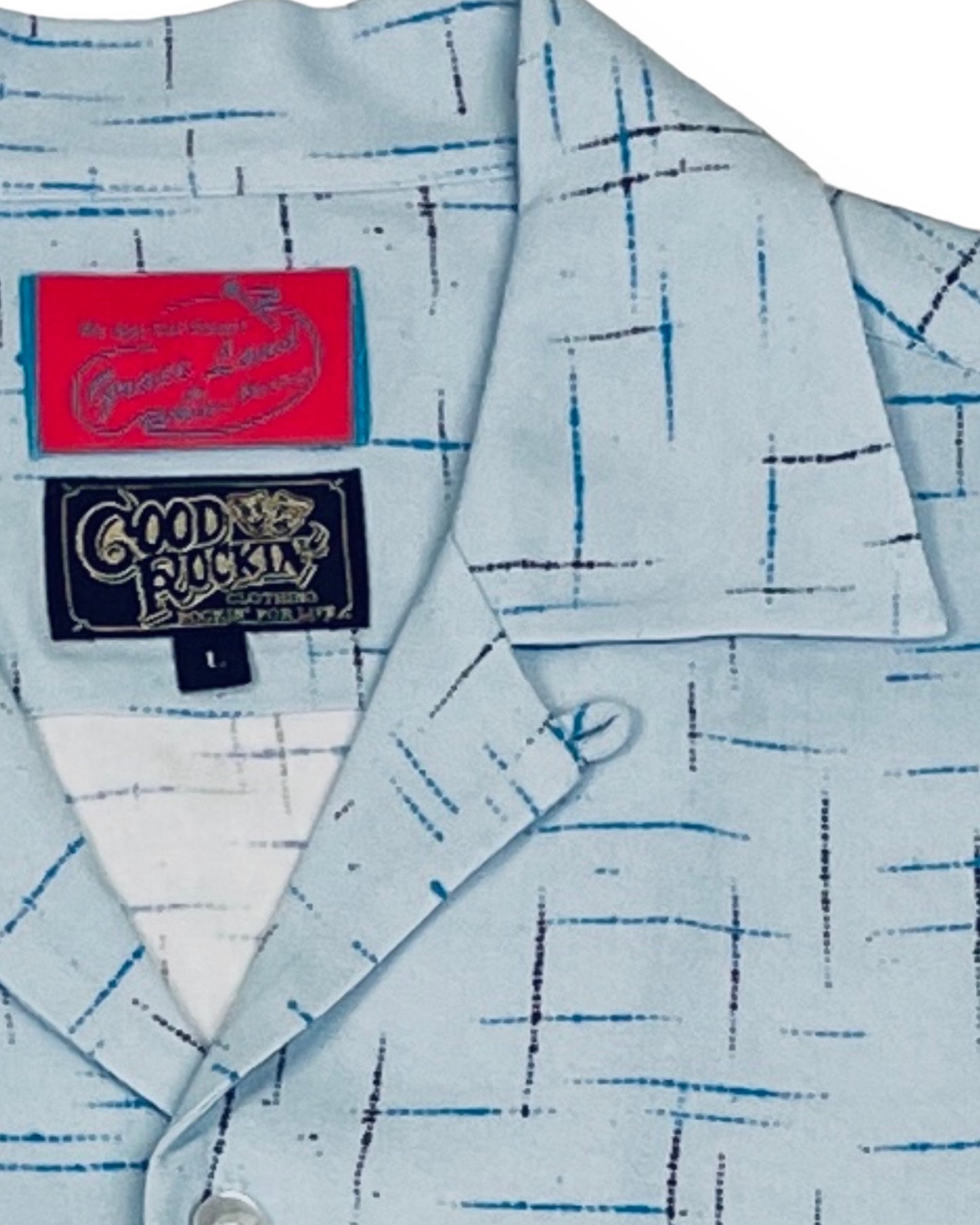 「Good Rockin'x Grace Land」 Collaboration Long Sleeve  Shirts ”SPLASHED PATTERN BLUE GRAY"/「グッドロッキンxグレースランド」コラボレーションオープンカラーカスリプリントシャツ"ブルーグレー"