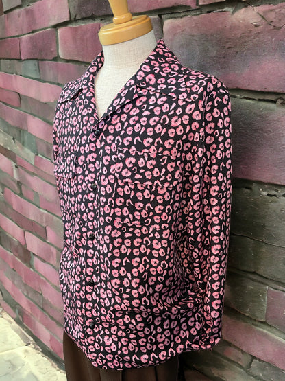 Long Sleeve Rayon Print Shirt「Black&Pink Leopard」/長袖レーヨンプリントシャツ「ブラック＆ピンクレオパード」