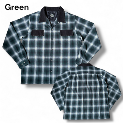 Long Sleeve  Shirts ” Ombre check "/長袖オンブレチェック＆ブラックオープンカラーシャツ