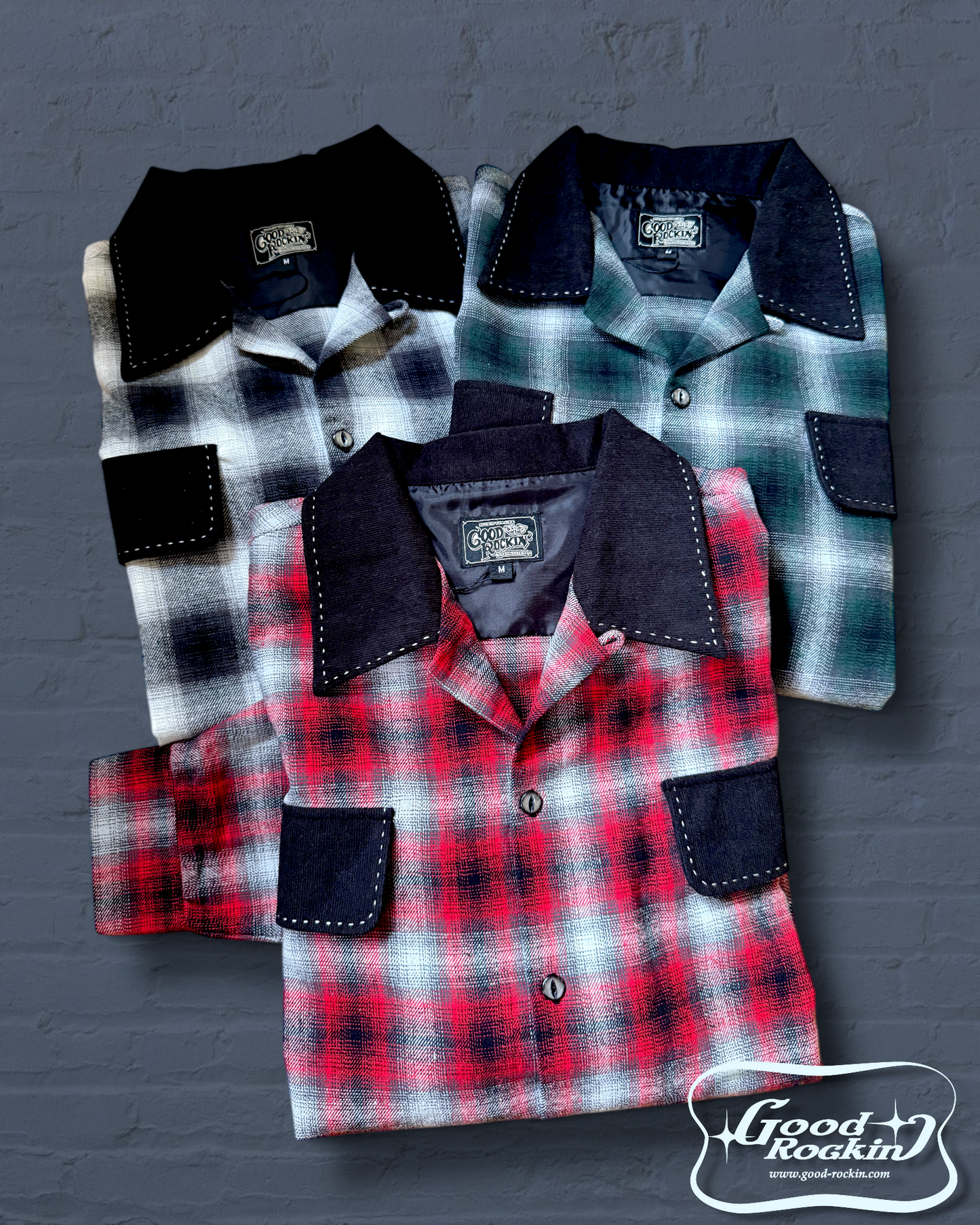 Long Sleeve  Shirts ” Ombre check "/長袖オンブレチェック＆ブラックオープンカラーシャツ