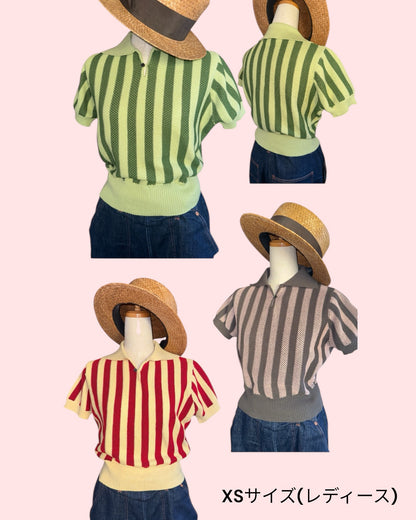 Vintage style summer sweater「Stripe 」/衿付半袖ニットシャツ「ヴィンテージストライプ」
