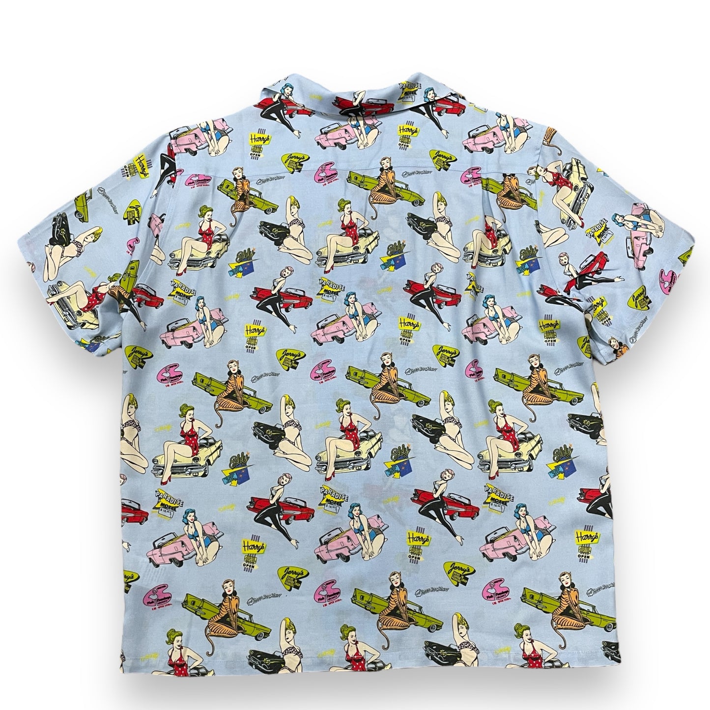 Short Sleeve Rayon Print Shirt 「Ｍ.KELLY」/半袖レーヨンプリントシャツ「マシンガンケリー サックスブルー（Pinup Girl &Car)」