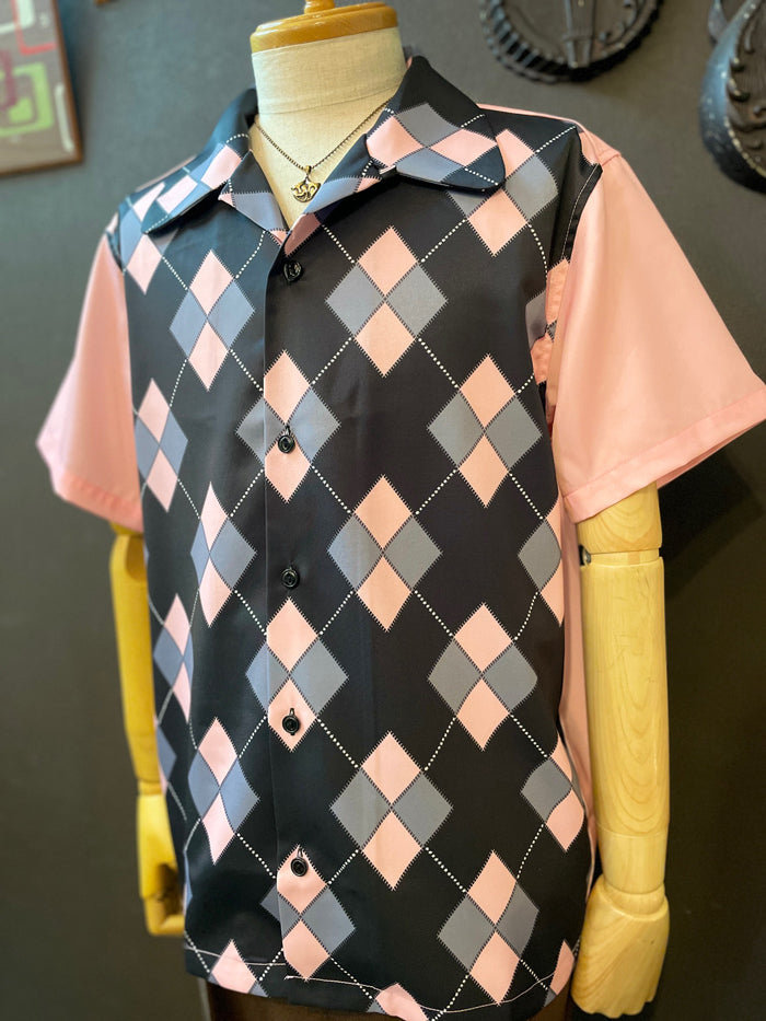 Short Sleeve 50's Argyle Pattern Print Shirts "PINK"/半袖パネルプリントオープンカラーシャツ"ピンク"