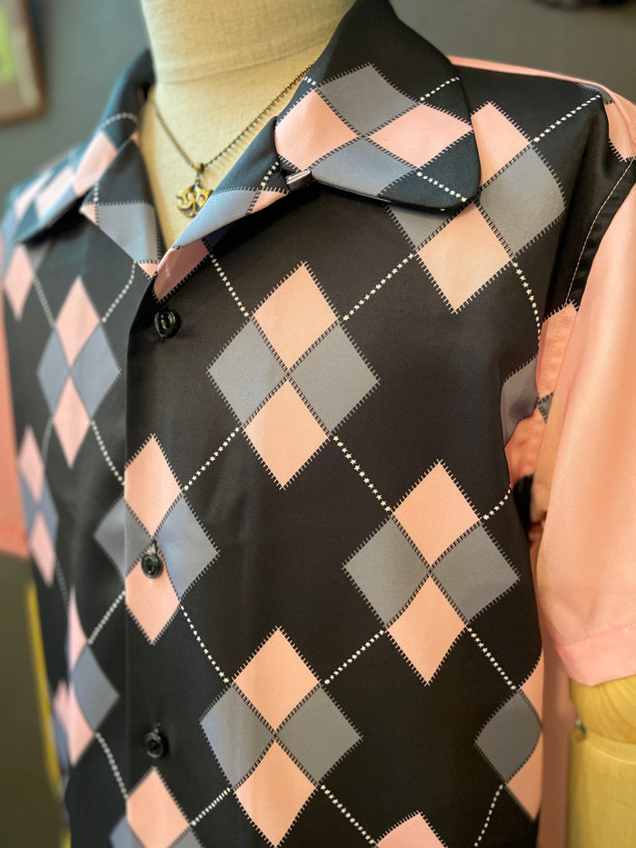 Short Sleeve 50's Argyle Pattern Print Shirts "PINK"/半袖パネルプリントオープンカラーシャツ"ピンク"